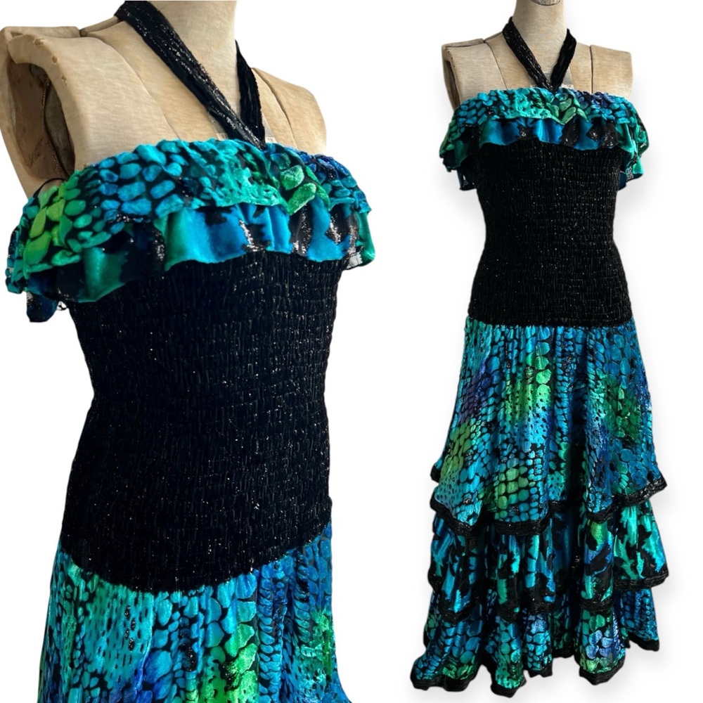 ✨✨FLASH SALE $200✨✨VTG 80s Diane Freis Limited Edition Silk Velvet Ruffle Dress